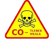 znak w kształcie żółtego trójkąta z czerwoną obwódka, z czaszką i napisem CO-tlenek węgla