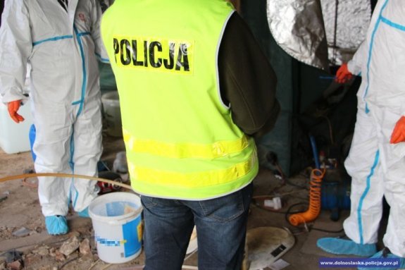 Osoba stoi odwrócona plecami w kamizelce odblaskowej z napisem POLICJA