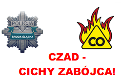 obrazek przedstawia odznakę policyjną z napisem Środa Śląska, płonący żółty trójkąt z literami CO oraz napis Czad-cichy zabójca