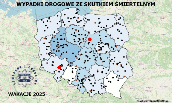 Policyjna mapa wypadków drogowych ze skutkiem śmiertelnym – Wakacje 2025