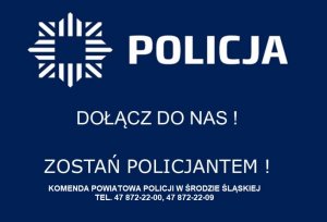 Biały napis na granatowym tle: Dołącz do nas! Zostań policjantem