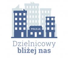 rysunek szaro-niebieskich budynków, poniżej napis Dzielnicowy bliżej nas