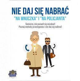 Baner z napisem &quot;nie daj się nabrać&quot; i grafiką przedstawiającą seniorkę i złodzieja