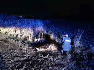 noc, droga gruntowa, policjant pochyla się nad osobą przykrytą kocem termicznym