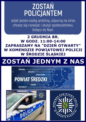 „DZIEŃ OTWARTY” W KOMENDZIE POWIATOWEJ POLICJI W ŚRODZIE ŚLĄSKIEJ - JUŻ 2 GRUDNIA 2023 ROKU! ZAPRASZAMY!