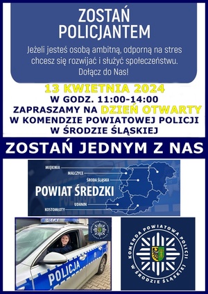 „DZIEŃ OTWARTY” W KOMENDZIE POWIATOWEJ POLICJI W ŚRODZIE ŚLĄSKIEJ - JUŻ W SOBOTĘ - 13 KWIETNIA 2024 ROKU! ZAPRASZAMY!