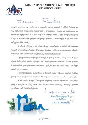 Życzenia świąteczne Komendanta Wojewódzkiego Policji we Wrocławiu