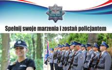 plakat promujący wstąpienie do Policji napis: Spełnij swoje marzenia i zostań policjantem, poniżej uśmiechnięta policjantka oraz policjanci stojący w dwuszeregu