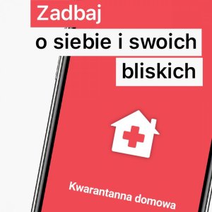 rysunek telefonu komórkowego z czerwonym ekranem, na jego tle biało-czerwony napis zadbaj o siebie i swoich bliskich