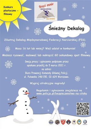 zdjęcie przedstawia plakat konkursu z czarnym napisem w białej chmurce Śnieżny Dekalog, rysunek narciarza oraz zasady konkursu
