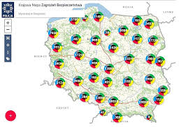 zdjęcie przedstawia mapę Polski z kolorowymi kołami obrazującymi liczbę naniesionych zgłoszeń