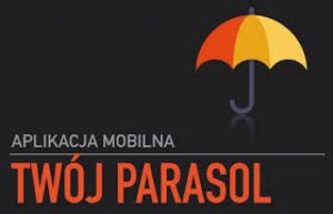 grafika przedstawia żółto-pomarańczowy parasol na czarnym tle poniżej napis APLIKACJA MOBILNA TWÓJ PARASOL