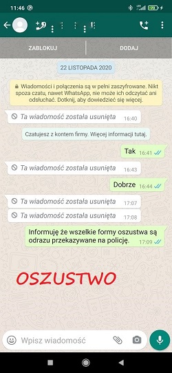 zdjęcie przedstawia widok korespondencji w aplikacji Whatsapp na ekranie telefonu komórkowego