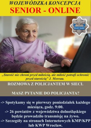 Grafika przedstawia plakat z wizerunkiem starszej kobiety, która siedzi przez ekranem laptopa, poniżej informacje dotyczące zasad spotkań w ramach projektu Senior Online