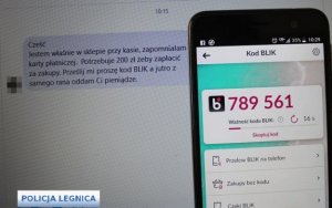 zdjęcie przedstawia ekran telefonu z kodem BLIK, a tle treść wiadomości tekstowej