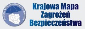 grafika przedstawia napis Krajowa Mapa Zagrożeń Bezpieczeństwa, obok rysunek mapy Polski , nad nim parasol