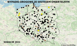 Policyjna mapa wypadków drogowych ze skutkiem śmiertelnym – Wakacje 2021